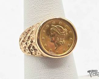 614 14k Yellow Gold Ring with 1853 Liberty Head Coin, 9.62g