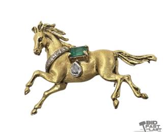 608 14k Yellow Gold Horse Pin with Diamonds Emerald Accents, 14.08g
