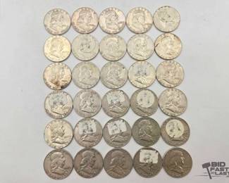 1872 30 Silver Franklin Half Dollar Coins, 374g