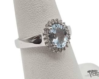 602 14k White Gold Aquamarine Diamond Ring with Jewelry Summary Card, 3.81g