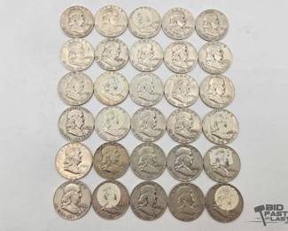 1874 30 Silver Franklin Half Dollar Coins, 371g