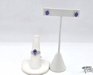 604 14k White Gold Tanzanite, Diamond Matching Ring Earring Set with Jewelry Summary Cards, 6.48g