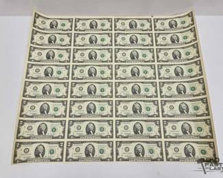 1052 Sheet of Uncut $2 Dollar Banknotes