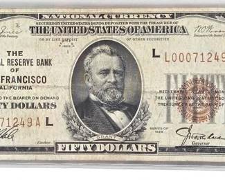1020 1929 San Francisco California National Currency $50 Bank Note