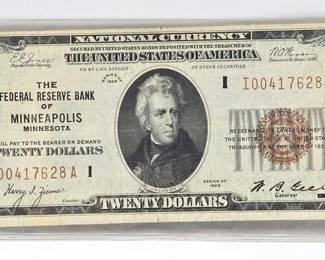 1024 1929 Minneapolis Minnesota National Currency $20 Bank Note