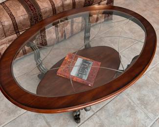 oval coffee table with cut glass top