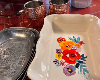 pewter bread servers, Pioneer Woman casserole, copper mugs