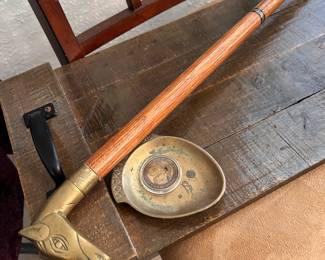 brass top walking cane, cool wood tray, brass pocket change tray
