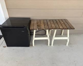 MINI FRIDGE, SMALL WOOD TOP TABLES
