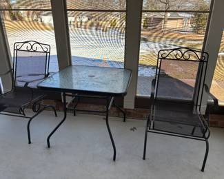 PATIO CHAIRS, GLASS TOP TABLE