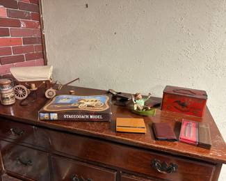 Antique Union Leader Cigar Box; Vintage Wilton fisherman cake topper; stagecoach lamp