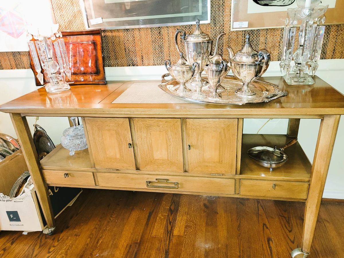 Mid-century server with tile insert - prism lamps and silverplate coffee service