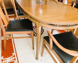Mid-century dining table set with 6 chairs, 2 leaves and pads