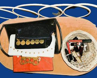 Vintage vanity chair, retro handbags and cosmetics