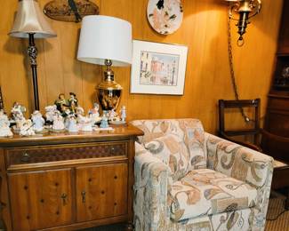 Comfy club chair, hanging light and mid-century cabinet