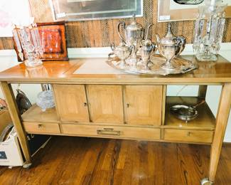 Mid-century server with tile insert - prism lamps and silverplate coffee service