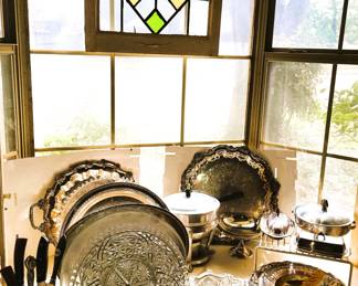 Silverplate and crystal serving pieces - Stain glass window