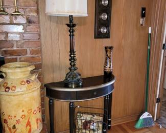 Half round entry table, iron magazine holder and milk jug