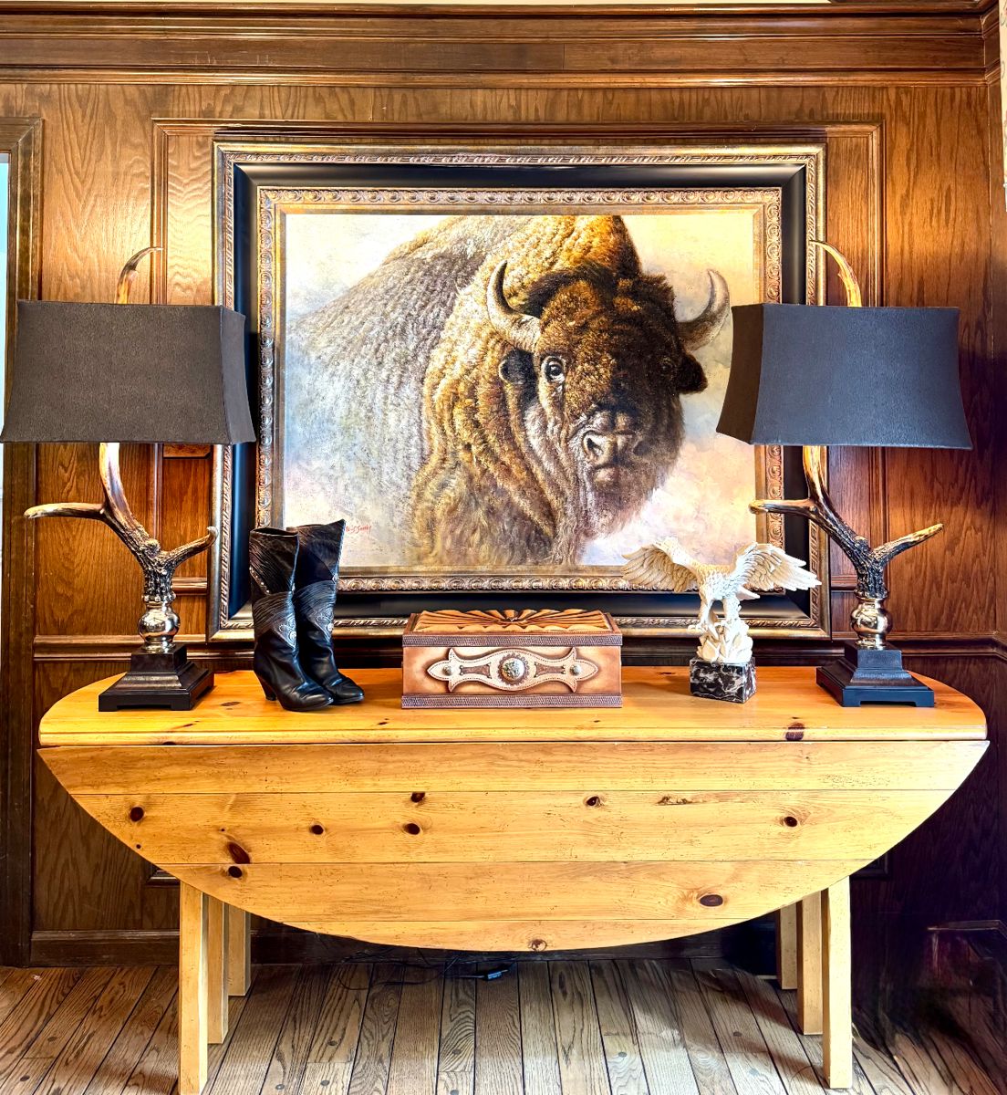 SOLD- large scale, original painting of Buffalo - 54x3x50; $850 - Pinewood Drop Leaf Table - 80x19x29.5, each drop leaf 16.5; $300 (each) - Stag horn lamp- 19x12x41 - 2 available; $400 - beautiful western wood box with leather and silver emblems - 18 x 9.5 x 6; SOLD -A Santini molded marble eagle sculpture made in Italy - 18x10.5x14