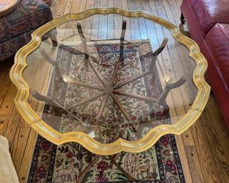 SOLD - vintage Lammerts brass/glass/wood coffee table - 44 round x 18H