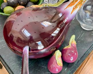 SOLD - vintage Neiman Marcus eggplant soup tureen with salt and pepper shakers 