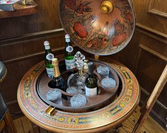 SOLD - vintage bar globe cocktail cabinet , made in Italy (some damage due to paper) - 30x42;SOLD - Remy Martin cognac carafe by Baccarat- 9x14; SOLD- set of 6 Iittala on the Rocks glasses