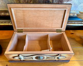 $400 - beautiful western wood box with leather and silver emblems - 18 x 9.5 x 6 