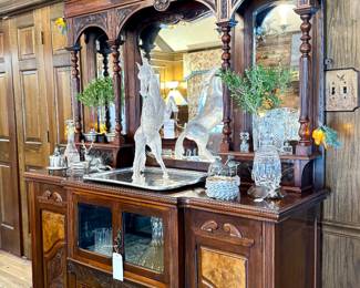 $3200 - Vintage saloon style backboard with carved inlayed wood and beveled mirrors - 60 x 28 x 86; SOLD- Beyond wonderful signed Murano glass horse, signature appears to be Pino Signoretto - 7 x 18 x 22.5; 