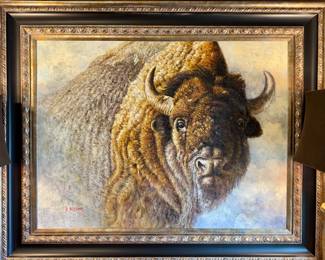SOLD - large scale original painting of Buffalo, signed by artist- with a COA on back -54x3x50