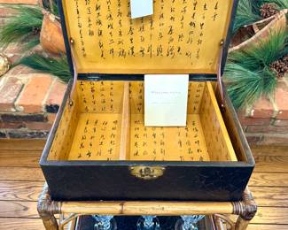 SOLD - vintage chinoiserie poets box by Baker on burnished bamboo stand - stand 21 x 16 x 18, box 18 x 13 x 7 (inside view)