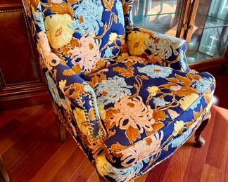 SOLD. Two avail! Custom floral wingback chair.  29 x 24 x 38H