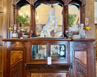 $3200 - Vintage saloon style backboard with carved inlayed wood and beveled mirrors - 60 x 28 x 86; SOLD - Signed Murano glass horse sculpture, signature appears to be Pino Signoretto - 7 x 18 x 22.5