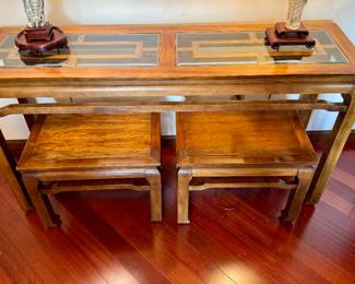SOLD 3-piece chinoiserie console/2 stools. Great condition! Table 52"L x 28" H