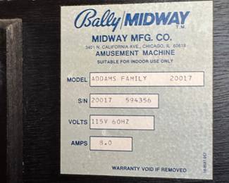 $15,000 - Collectable Adams Family Pin Ball Arcade by Bally 1991 - Turns on, lights up and is currently reset to factory settings - 29x53x84 (All paperwork and keys included)