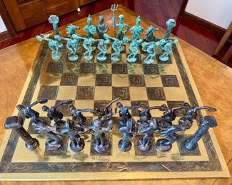 SOLD. Brutalist chess board / Grecian pieces. 22" x 22"