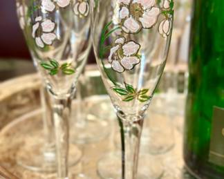 SOLD set of 17 Perrier- Jouet hand painted flutes