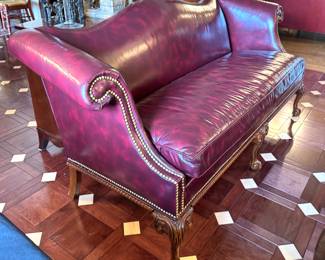 SOLD. Camelback leather sofa by Southmark. Nailhead trip details. Great condition! 78 x 31 x 32H 