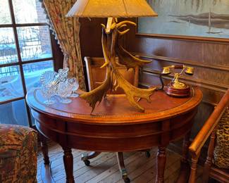 SOLD - beautiful 4 moose antler lamp - 21x20x36;) SOLD - vintage Horchow leather rotary phone;SOLD (each) - Waterford Lismore brandy glass - 3 available; $60 - vintage glass decanter; SOLD - Pulaski Funiture wooden half moon desk and rolling chair - desk 56x27x30.5, chair 21.5x24x38