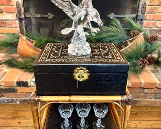 SOLD vintage chinoiserie baker poets' box on stand - stand 21 x 16 x 18, box 18 x 13 x 7; SOLD - Squarcina Murano glass eagle - 13 x 11 x 16.5; $30 - set of 3 champagne glasses