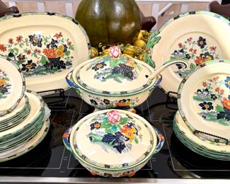 STAFF FAVORITE! SOLD- Antique Minton Hatshepsut the Pharoah Queen England -25 pieces ( 6 dinner, 3 soup, 6 salad, 6 dessert (1 has a chip), 1 oval platter, 1 soup tureen, 1 round platter, 1 covered vegetable dish)
