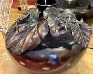 SOLD - decorative metal vase with leaves and insects- 12x11