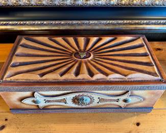$400 - beautiful western wood box with leather and silver emblems - 18 x 9.5 x 6 