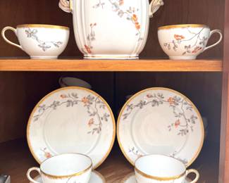 SOLD- Limoges  28 pieces (10 tea cups, 11 dessert, 2 trinket tray, 1 biscuit holder, 2 "cake" stands, 1 bowl with lid)