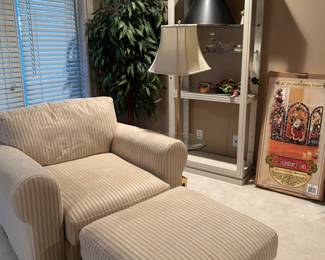 Super comfy, plush lounge chair with ottoman for sale. Barely used, and is in fantastic condition. Many lamps for sale, white bookshelf for sale, and many faux plants/ tress for sale as well! 