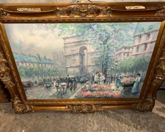 Beautiful impressionist painting in ornate gold frame, with a working light attached. Lots of amazing art similar to thise at the sale! 