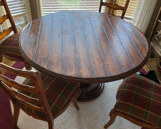 Four seater, breakfast nook table. Good condition, a small stain on side of table. Chairs in good condition as well. Rug for sale! Table made of solid wood-- will last a lifetime, or three! 