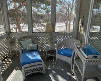 Seven Piece outdoor furniture set, outdoor lamp, and sea shell decorations. 