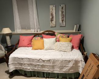 Trundle bed, pillow set, and bedding for sale. Also wingback chair, table lamp, and small side table. 