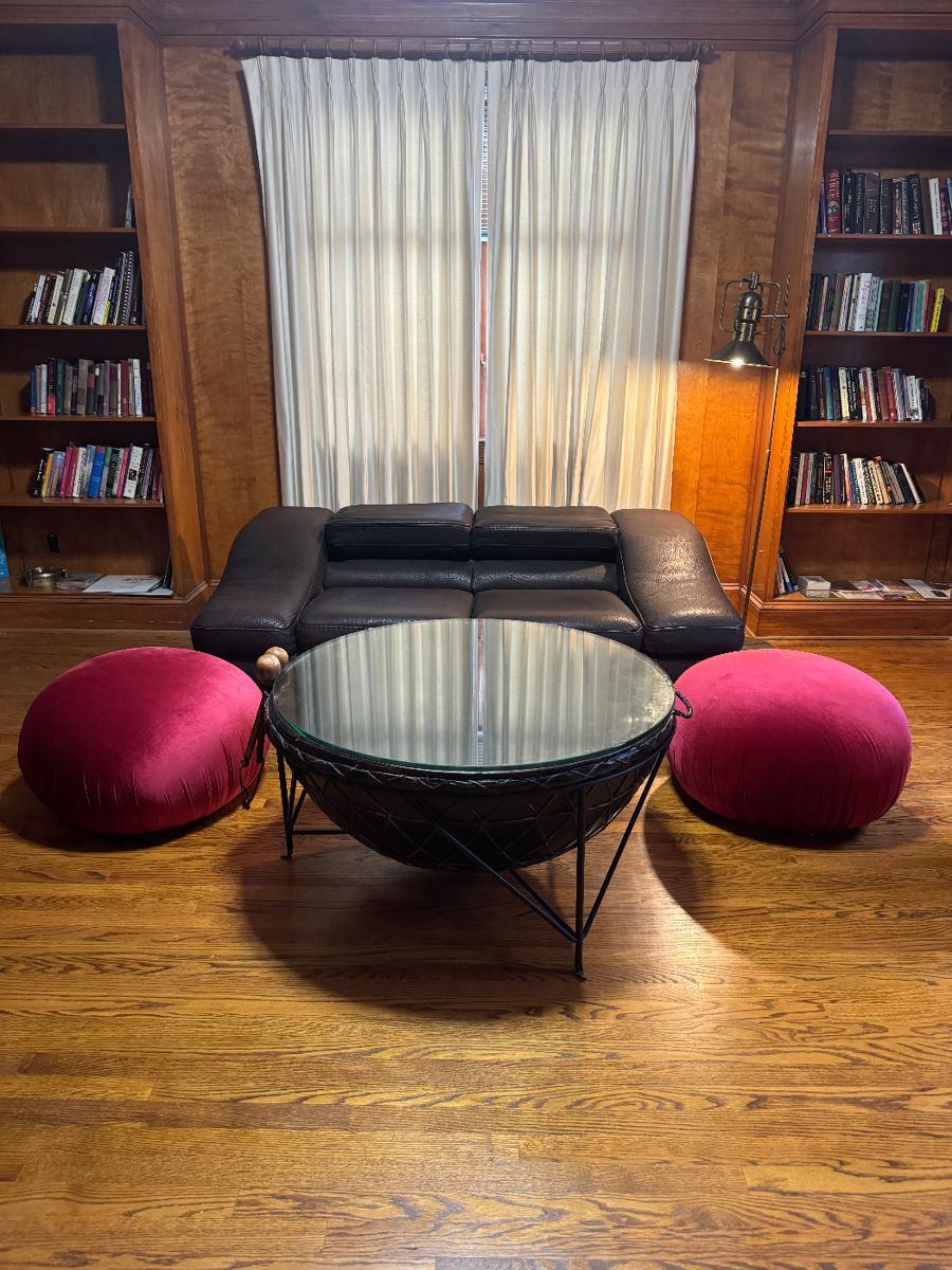 Natuzzi 2 Seater Adjustable Head Rest Leather Loveseat (45"D x 76"W x 25" Back Height) & Large Drum Table with Steel Base & Glass Top (39"D x21"H) & Large Deep Red Upholstered Poofs (28"D x 16"H / pair) & Vintage Floor Lamp