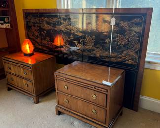 Avenues by Drexel Heritage 2 Drawer End Tables (26"W x 16-1/2"D x 22-1/2"H each) & Avenues by Drexel Heritage Eastern King Headboard with Landscape Motif (79-1/2"W x 47-1/2"H)